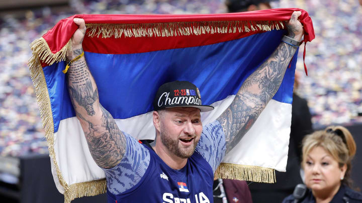 Jun 12, 2023; Denver, Colorado, USA; Strahinja Jokić celebrates after the Denver Nuggets' championship. Jun 12, 2023; Denver, Colorado, USA; Strahinja Jokić celebrates after the Denver Nuggets' championship.