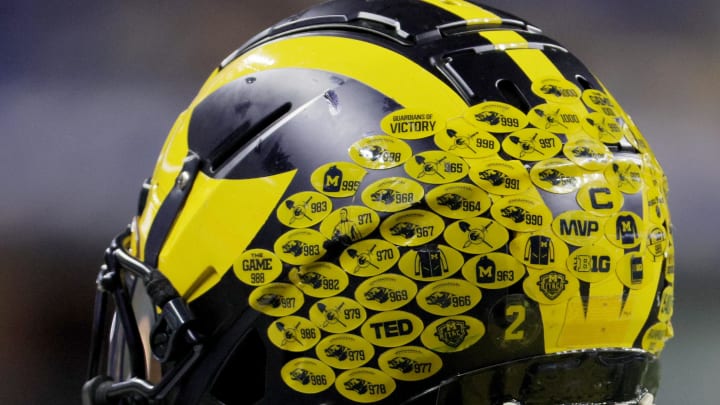 Dec 2, 2023; Indianapolis, IN, USA; The helmet of Michigan Wolverines running back Blake Corum (2) before the Big Ten Championship game against the Iowa Hawkeyes at Lucas Oil Stadium. Mandatory Credit: Trevor Ruszkowski-USA TODAY Sports