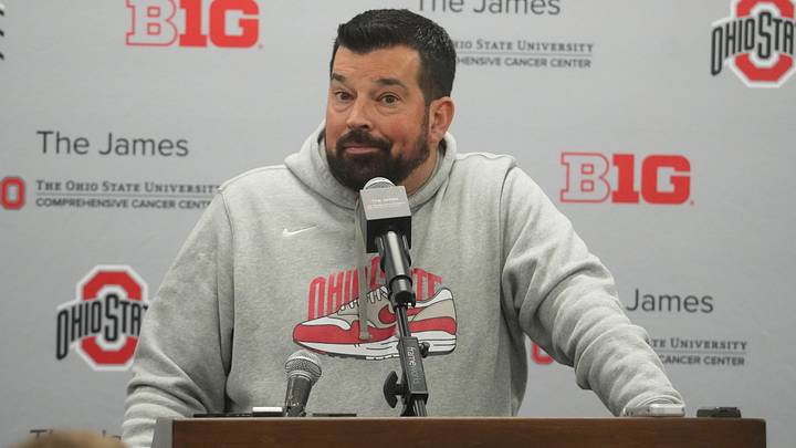 Mar 21, 2023; Columbus, OH, USA; Ohio State University football coach Ryan Day answers a question about quarterbacks during the 2023 Spring Practices. Mandatory Credit: Doral Chenoweth-The Columbus Dispatch

Ryan Day 01 Jpg