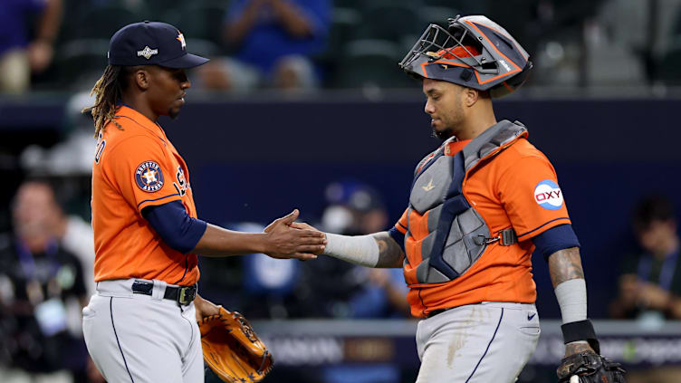 Oct 19, 2023; Arlington, Texas, USA; Houston Astros pitcher Rafael Montero (47) and catcher Martin