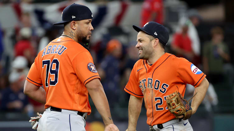 Houston Astros first baseman Jose Abreu (79) and second baseman Jose Altuve