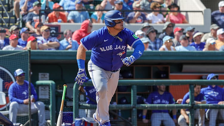 Feb 27, 2024; Lakeland, Florida, USA; Toronto Blue Jays designated hitter Daniel Vogelbach (20) hits