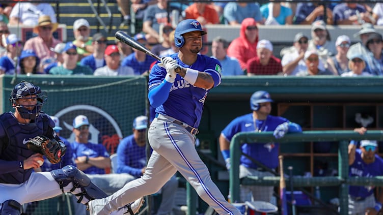 Feb 27, 2024; Lakeland, Florida, USA; Toronto Blue Jays third baseman Eduardo Escobar (3) looks on