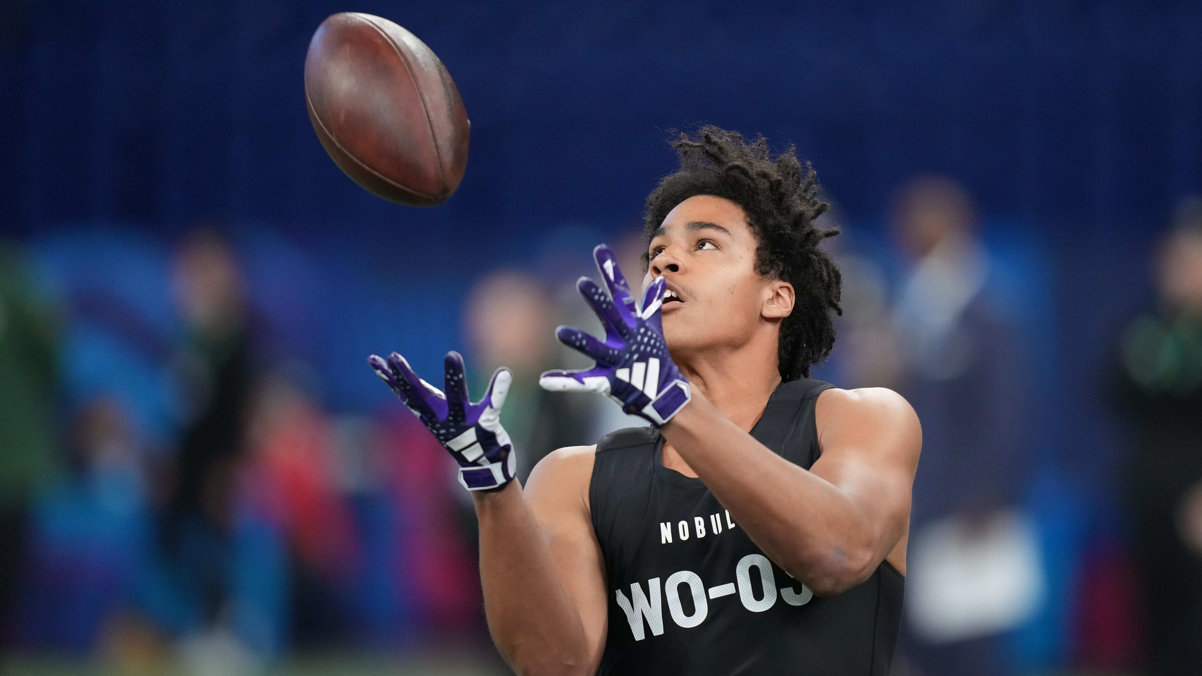  Holy Cross wide receiver Jalen Coker (WO03) during the 2024 NFL Scouting Combine.