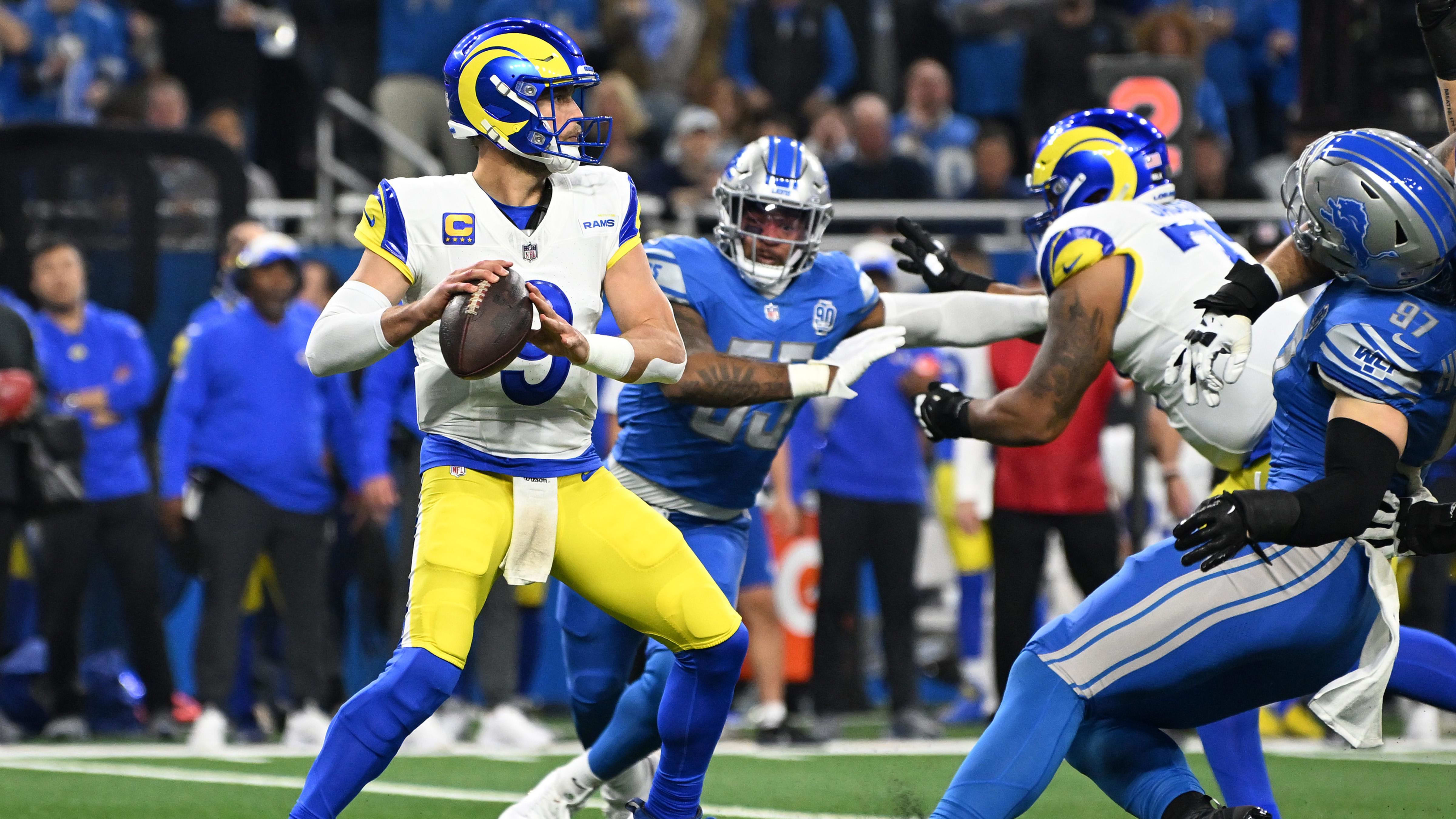 Los Angeles Rams quarterback Matthew Stafford (9) drops to pass against the Detroit Lions.