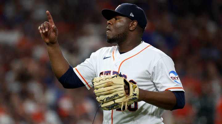 Oct 23, 2023; Houston, Texas, USA; Houston Astros pitcher Hector Neris (50) reacts after the fifth inning of game seven in the ALCS against the Texas Rangers for the 2023 MLB playoffs at Minute Maid Park