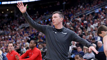 Bucky McMillan coaches Samford during the first half of a matchup against Kansas in the first round of the 2024 NCAA tournament.