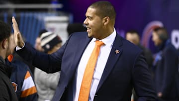 Chicago Bears General Manager Ryan Poles before a game against the Washington Commanders at Soldier Field.