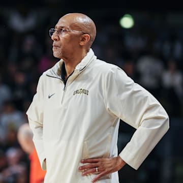 Mar 5, 2025; Orlando, Florida, USA; UCF Knights head coach Johnny Dawkins looks on during the first half against the Oklahoma State Cowboys at Addition Financial Arena. Mandatory Credit: Mike Watters-Imagn Images