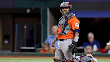 Oct 19, 2023; Arlington, Texas, USA; Houston Astros catcher Martin Maldonado (15) during the eighth inning in game four of the ALCS against the Texas Rangers for the 2023 MLB playoffs at Globe Life Field.