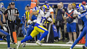 Jan 14, 2024; Detroit, Michigan, USA; Los Angeles Rams wide receiver Puka Nacua (17) runs after a