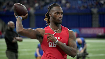 Mar 2, 2024; Indianapolis, IN, USA; Tennessee quarterback Joe Milton (QB06) during the 2024 NFL Combine at Lucas Oil Stadium. Mandatory Credit: Kirby Lee-Imagn Images