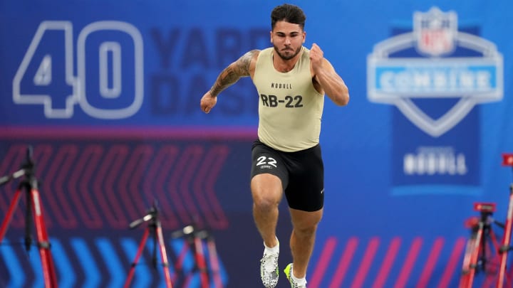 Mar 2, 2024; Indianapolis, IN, USA; Missouri running back Cody Schrader (RB22) during the 2024 NFL Combine at Lucas Oil Stadium. Mandatory Credit: Kirby Lee-USA TODAY Sports