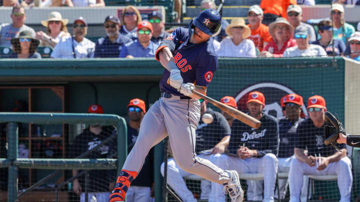 Feb 26, 2024; Lakeland, Florida, USA; Houston Astros designated hitter Jacob Melton (76) bats during the third inning against the Detroit Tigers at Publix Field at Joker Marchant Stadium. 