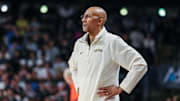 Mar 5, 2025; Orlando, Florida, USA; UCF Knights head coach Johnny Dawkins looks on during the first half against the Oklahoma State Cowboys at Addition Financial Arena. Mandatory Credit: Mike Watters-Imagn Images