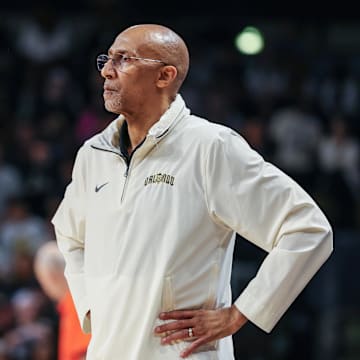 Mar 5, 2025; Orlando, Florida, USA; UCF Knights head coach Johnny Dawkins looks on during the first half against the Oklahoma State Cowboys at Addition Financial Arena. Mandatory Credit: Mike Watters-Imagn Images