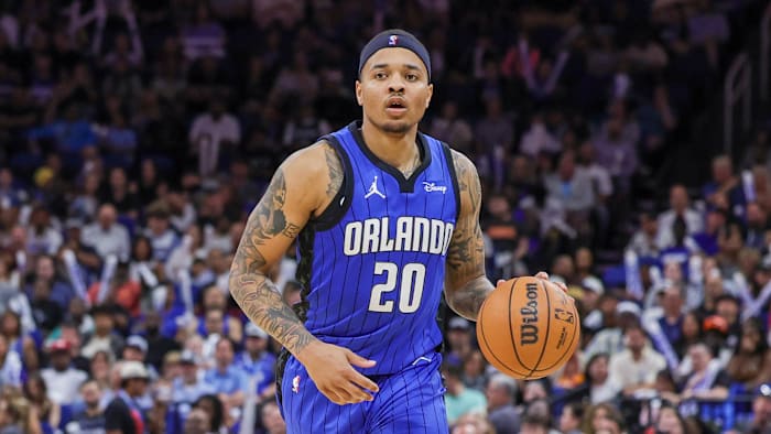 Apr 1, 2024; Orlando, Florida, USA; Orlando Magic guard Markelle Fultz (20) brings the ball up court