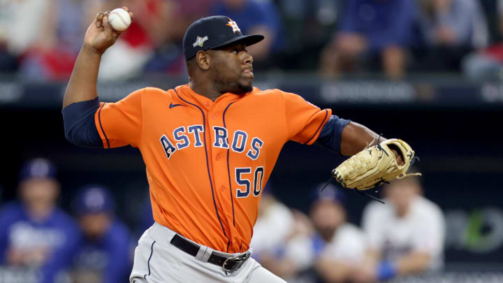 Oct 20, 2023; Arlington, Texas, USA; Houston Astros pitcher Hector Neris (50) throws during the sixth inning of game five in the ALCS against the Texas Rangers for the 2023 MLB playoffs at Globe Life Field