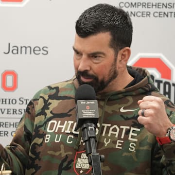 Ohio State Football coach Ryan Day gestures during an April 7, 2025 news conference at the Woody Hayes Athletic Center.