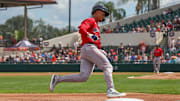 Boston Red Sox second baseman Kristian Campbell (28) rounds third during the first inning against the Detroit Tigers at Publix Field at Joker Marchant Stadium. 