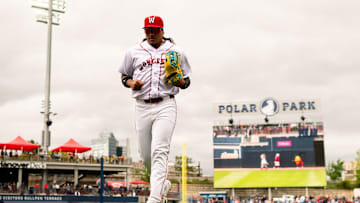 WooSox player Jhostynxon Garcia comes off the field at Polar Park during a game on May 25, 2025. The player nicknamed 'The Password' is starting to get pregame work in playing first base with Triple-A Worcester.