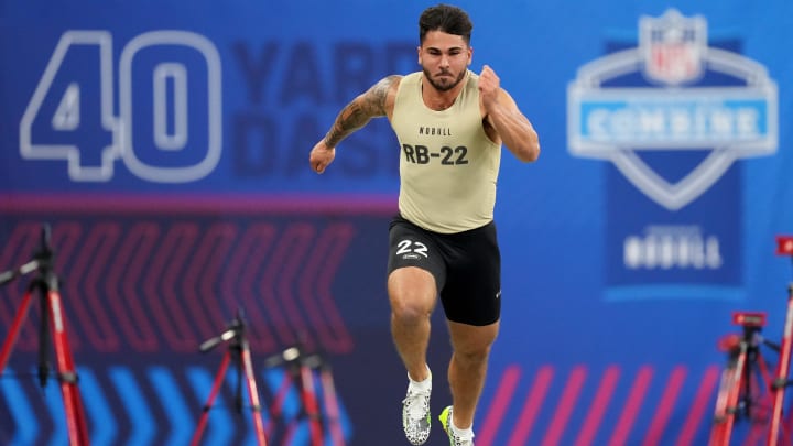 Mar 2, 2024; Indianapolis, IN, USA; Missouri running back Cody Schrader (RB22) during the 2024 NFL Combine at Lucas Oil Stadium. Mandatory Credit: Kirby Lee-USA TODAY Sports