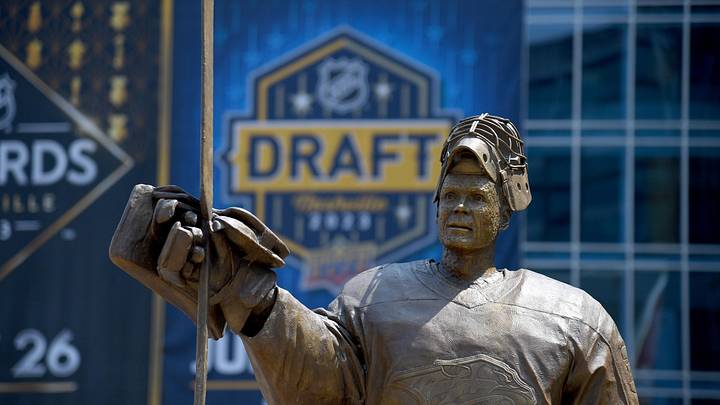 Jun 28, 2023; Nashville, Tennessee, USA; A statue of former Nashville Predators goalie Pekka Rinne before the 2023 NHL Draft at Bridgestone Arena. Mandatory Credit: Christopher Hanewinckel-Imagn Images