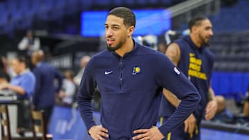Mar 10, 2024; Orlando, Florida, USA; Indiana Pacers guard Tyrese Haliburton (0) warms up before the game against the Orlando Magic at KIA Center. Mandatory Credit: Mike Watters-USA TODAY Sports