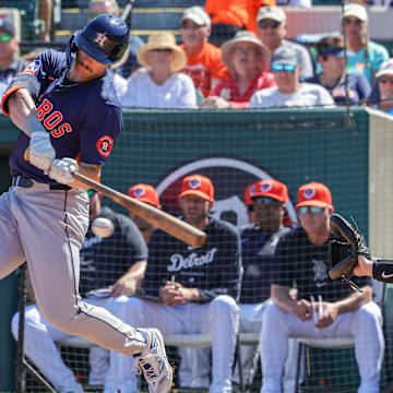 Feb 26, 2024; Lakeland, Florida, USA; Houston Astros designated hitter Jacob Melton (76) bats during the third inning against the Detroit Tigers at Publix Field at Joker Marchant Stadium. 