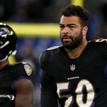 Nov 16, 2023; Baltimore, Maryland, USA; Baltimore Ravens linebacker Kyle Van Noy (50) warms up before a game against the Cincinnati Bengals at M&T Bank Stadium. Mandatory Credit: Tommy Gilligan-USA TODAY Sports
