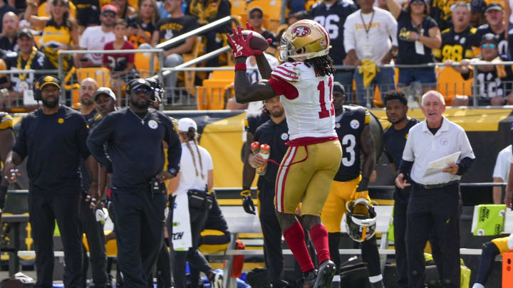 Sep 10, 2023; Pittsburgh, Pennsylvania, USA; San Francisco 49ers wide receiver Brandon Aiyuk (11) makes a catch against the Pittsburgh Steelers during the second half at Acrisure Stadium. Mandatory Credit: Gregory Fisher-USA TODAY Sports