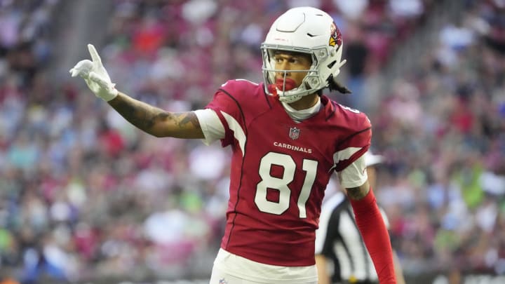 Nov 6, 2022; Phoenix, Ariz., United States;  Arizona Cardinals wide receiver Robbie Anderson (81) lines up against the Seattle Seahawks during the fourth quarter at State Farm Stadium. Mandatory Credit: Michael Chow-Arizona Republic