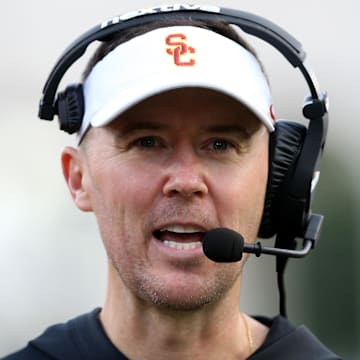 Nov 18, 2023; Los Angeles, California, USA; USC Trojans head coach Lincoln Riley during the second quarter against the UCLA Bruins at United Airlines Field at Los Angeles Memorial Coliseum. Mandatory Credit: Jason Parkhurst-Imagn Images