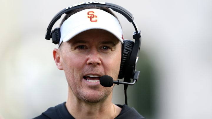 Nov 18, 2023; Los Angeles, California, USA; USC Trojans head coach Lincoln Riley during the second quarter against the UCLA Bruins at United Airlines Field at Los Angeles Memorial Coliseum. Mandatory Credit: Jason Parkhurst-Imagn Images