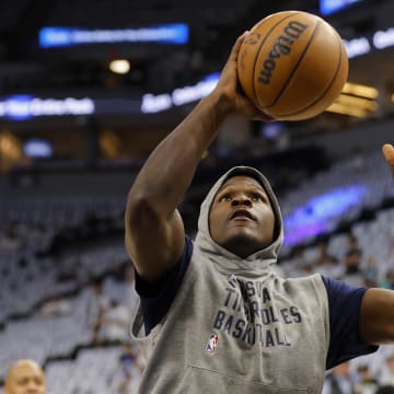 May 30, 2024; Minneapolis, Minnesota, USA; Minnesota Timberwolves guard Anthony Edwards (5) warms up before game five of the western conference finals for the 2024 NBA playoffs against the Dallas Mavericks at Target Center. Mandatory Credit: Bruce Kluckhohn-USA TODAY Sports