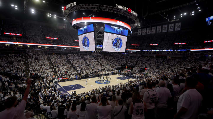 May 30, 2024; Minneapolis, Minnesota, USA; The opening tip of the first quarter in game five of the western conference finals for the 2024 NBA playoffs between the Dallas Mavericks and Minnesota Timberwolves at Target Center. Mandatory Credit: Bruce Kluckhohn-USA TODAY Sports