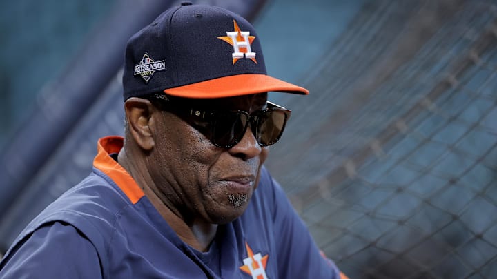 Oct 23, 2023; Houston, Texas, USA; Houston Astros manager Dusty Baker (12) before game seven of the ALCS against the Texas Rangers for the 2023 MLB playoffs at Minute Maid Park. Oct 23, 2023; Houston, Texas, USA; Houston Astros manager Dusty Baker (12) before game seven of the ALCS against the Texas Rangers for the 2023 MLB playoffs at Minute Maid Park.