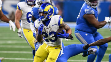 Jan 14, 2024; Detroit, Michigan, USA; Los Angeles Rams running back Kyren Williams (23) runs