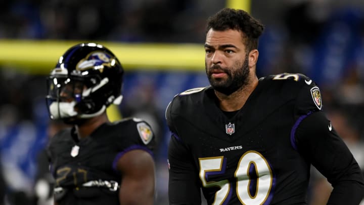 Nov 16, 2023; Baltimore, Maryland, USA; Baltimore Ravens linebacker Kyle Van Noy (50) warms up before a game against the Cincinnati Bengals at M&T Bank Stadium. Mandatory Credit: Tommy Gilligan-USA TODAY Sports