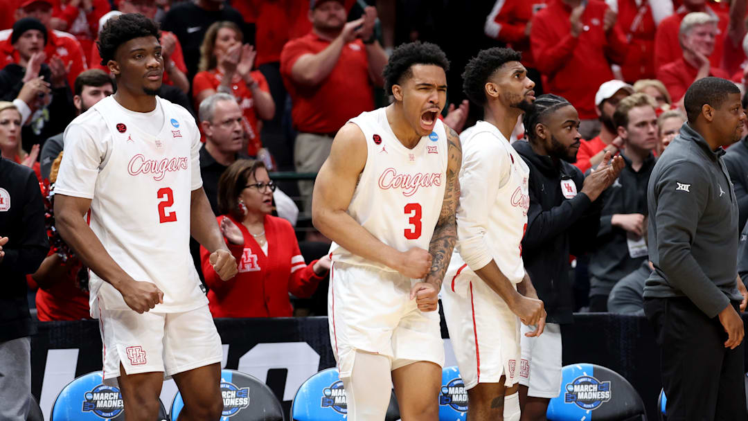 Mar 29, 2024; Dallas, TX, USA; Houston Cougars center Cedric Lath (2) and guard Ramon Walker Jr. (3) react on the bench during the second half in the semifinals of the South Regional of the 2024 NCAA Tournament against the Duke Blue Devils at American Airlines Center. 