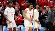 Mar 29, 2024; Dallas, TX, USA; Houston Cougars center Cedric Lath (2) and guard Ramon Walker Jr. (3) react on the bench during the second half in the semifinals of the South Regional of the 2024 NCAA Tournament against the Duke Blue Devils at American Airlines Center. 