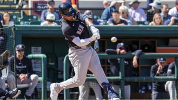 Feb 24, 2024; Lakeland, Florida, USA; New York Yankees center fielder Everson Pereira (80) hits a single during the third inning against the Detroit Tigers at Publix Field at Joker Marchant Stadium. Mandatory Credit: Mike Watters-USA TODAY Sports