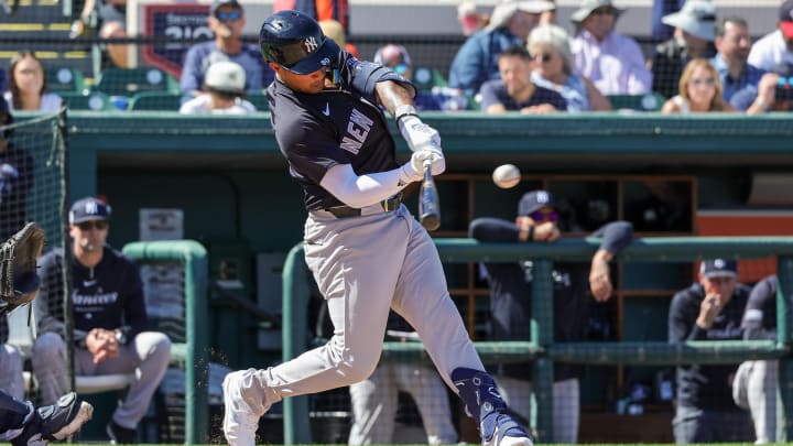 Feb 24, 2024; Lakeland, Florida, USA; New York Yankees center fielder Everson Pereira (80) hits a single during the third inning against the Detroit Tigers at Publix Field at Joker Marchant Stadium. Mandatory Credit: Mike Watters-USA TODAY Sports