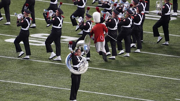 Sep 24, 2022; Columbus, Ohio, USA; Ohio State University Marching Band member Chris Cortese was the Script Ohio I-dotter