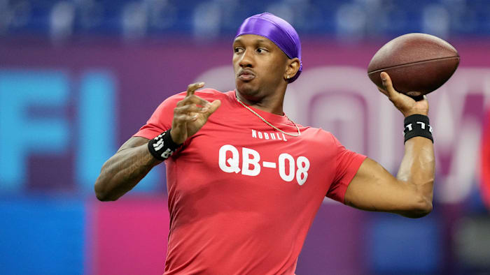 Mar 2, 2024; Indianapolis, IN, USA; Washington quarterback Michael Penix (QB08) during the 2024 NFL