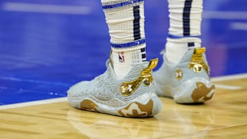 Nov 13, 2024; Orlando, Florida, USA; A detailed view of the shoes worn by Indiana Pacers forward Jarace Walker (5) during the game against the Orlando Magic at Kia Center. Mandatory Credit: Mike Watters-Imagn Images