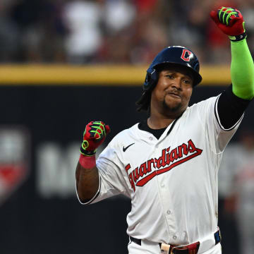 Aug 1, 2024; Cleveland, Ohio, USA; Cleveland Guardians third baseman Jose Ramirez (11) rounds the bases after hitting a home run during the seventh inning against the Baltimore Orioles at Progressive Field.