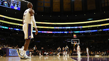 Apr 27, 2024; Los Angeles, California, USA; Los Angeles Lakers forward LeBron James (23) during the fourth quarter in game four of the first round for the 2024 NBA playoffs against the Denver Nuggets at Crypto.com Arena. Mandatory Credit: Jason Parkhurst-Imagn Images