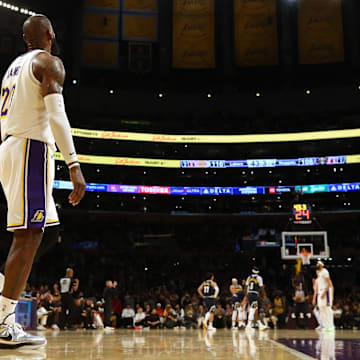 Apr 27, 2024; Los Angeles, California, USA; Los Angeles Lakers forward LeBron James (23) during the fourth quarter in game four of the first round for the 2024 NBA playoffs against the Denver Nuggets at Crypto.com Arena. Mandatory Credit: Jason Parkhurst-Imagn Images