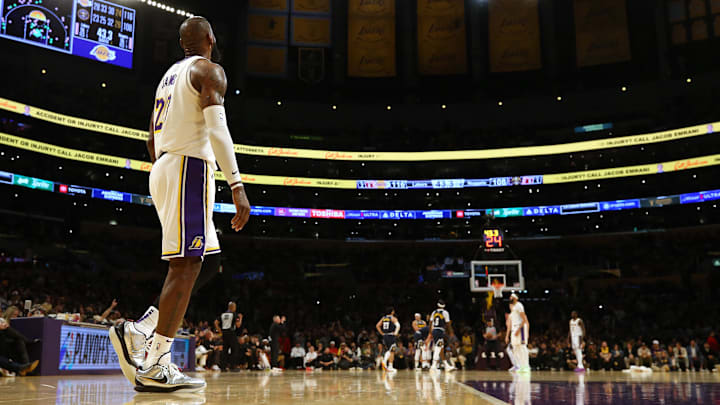 Apr 27, 2024; Los Angeles, California, USA; Los Angeles Lakers forward LeBron James (23) during the fourth quarter in game four of the first round for the 2024 NBA playoffs against the Denver Nuggets at Crypto.com Arena. Mandatory Credit: Jason Parkhurst-Imagn Images